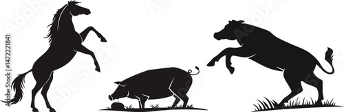 Farm animals Silhouette of Rearing Horse, Rearing Cow, and Sniffing Pig – Black Vector Illustration on White Background