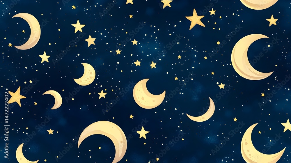 Naklejka premium Digital illustration of a dark blue background filled with stylized crescent moons and scattered stars.