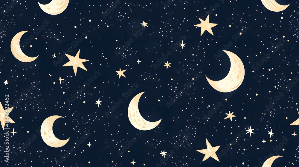 Fototapeta premium Digital illustration of a dark blue space filled with glowing gold moons and scattered stars.