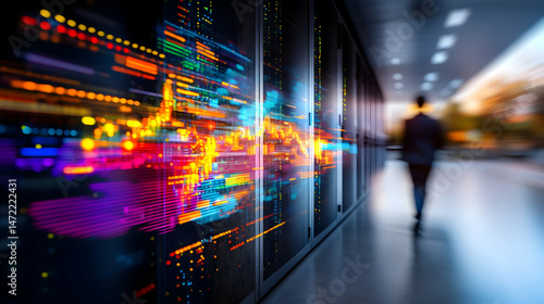Data streams flow across a server room, visualized with vibrant, dynamic graphics.  A person walks away, blurred