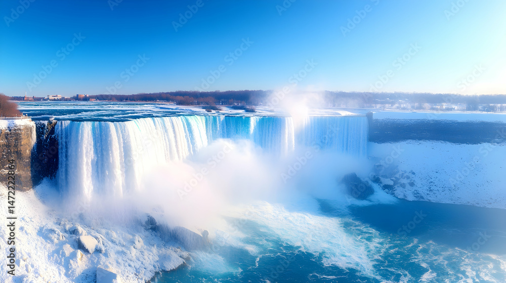 Majestic winter waterfall, frozen edges, powerful cascade, icy mist Majestic winter waterfall, frozen edges, powerful cascade, icy mist