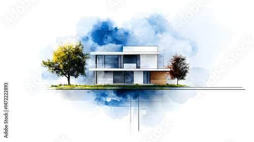 Modern house design, stylized watercolor sketch