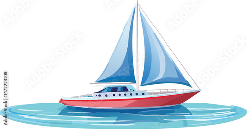 Sailboat Gliding on Calm Water - Serene Ocean Vector - Maritime Travel Illustration - Yachting Vacation Graphic - Isolated Nautical Silhouette