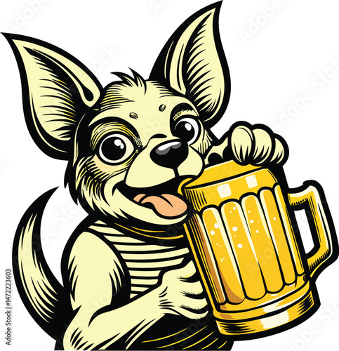 Happy Chihuahua Dog Drinking Beer Mug, Happy Dog Holding Beer Stein Cheers Vector Illustration