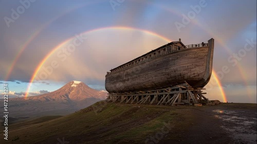 Noah's Ark against a scenic rainbow backdrop  