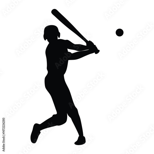 Baseball Batter in Powerful Swing: Dynamic Silhouette of Player Hitting the Ball, Baseball player hitting ball