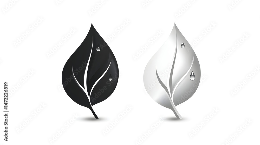 Fototapeta premium Digital illustration of two stylized leaf icons, one black and one silver, with water droplets.