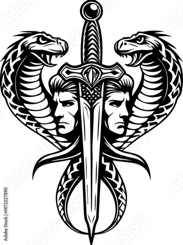 SVG vector of skull allies with mystical creatures in a dark fantasy theme. Intricate Design of Serpents and Dual Faces with Sword Symbolism