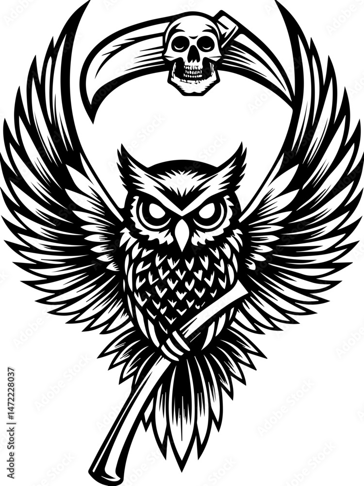 Obraz premium SVG vector of skull allies with mystical creatures in a dark fantasy theme. Mysterious Owl with Skull and Scythe Symbol in Black Art Design