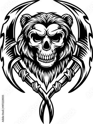 SVG vector of skull allies with mystical creatures in a dark fantasy theme. Skull Bear Emblem with Scythe and Artistic Design for Creatures