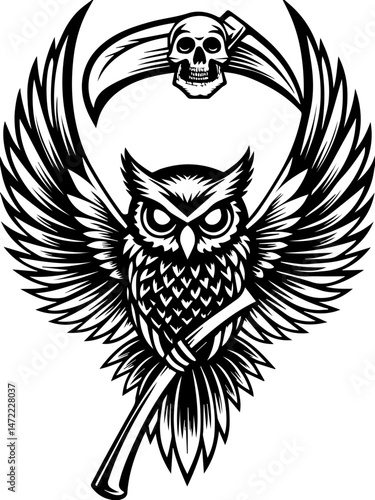 SVG vector of skull allies with mystical creatures in a dark fantasy theme. Mysterious Owl with Skull and Scythe Symbol in Black Art Design