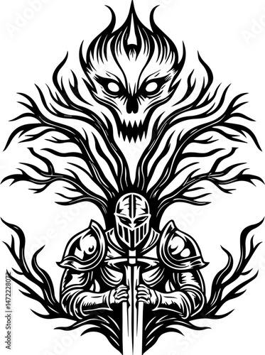 SVG vector of skull allies with mystical creatures in a dark fantasy theme. Dark Knight Surrounded by Sinister Creatures and Twisted Trees