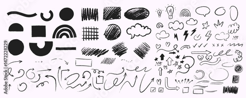 Set of vector chalk marks, doodle arrows and geometric abstract figures, grunge and sketch design elements.