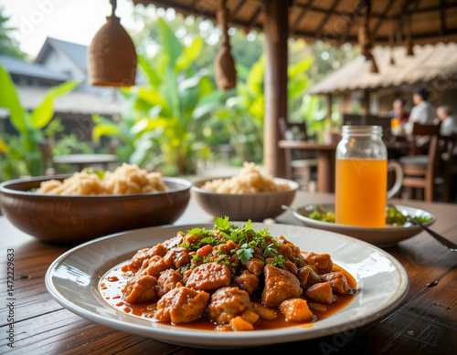 A variety of Indonesian dishes served on a wooden table, highlighting spicy meat as the main course.