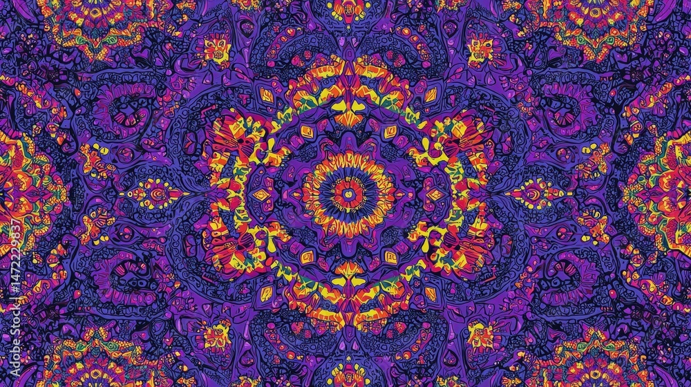 Fototapeta premium Vibrant mandala pattern with intricate details and symmetrical design in purple, orange, and yellow hues.