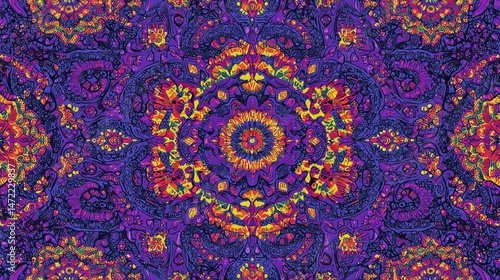 Vibrant mandala pattern with intricate details and symmetrical design in purple, orange, and yellow hues.