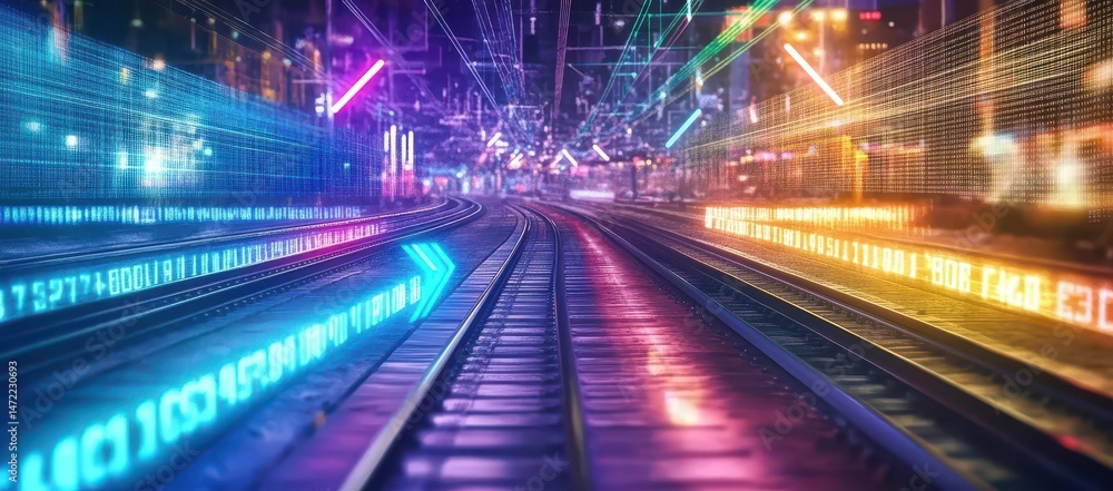 Fototapeta premium Vibrant Neon Cityscape Train Tracks at Night