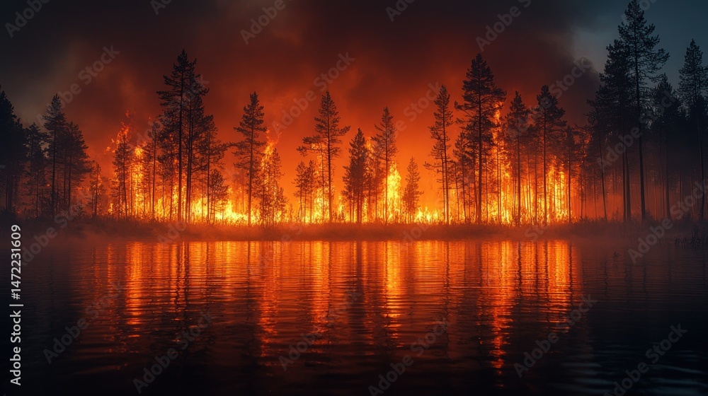 Fototapeta premium Forest fire raging near lake
