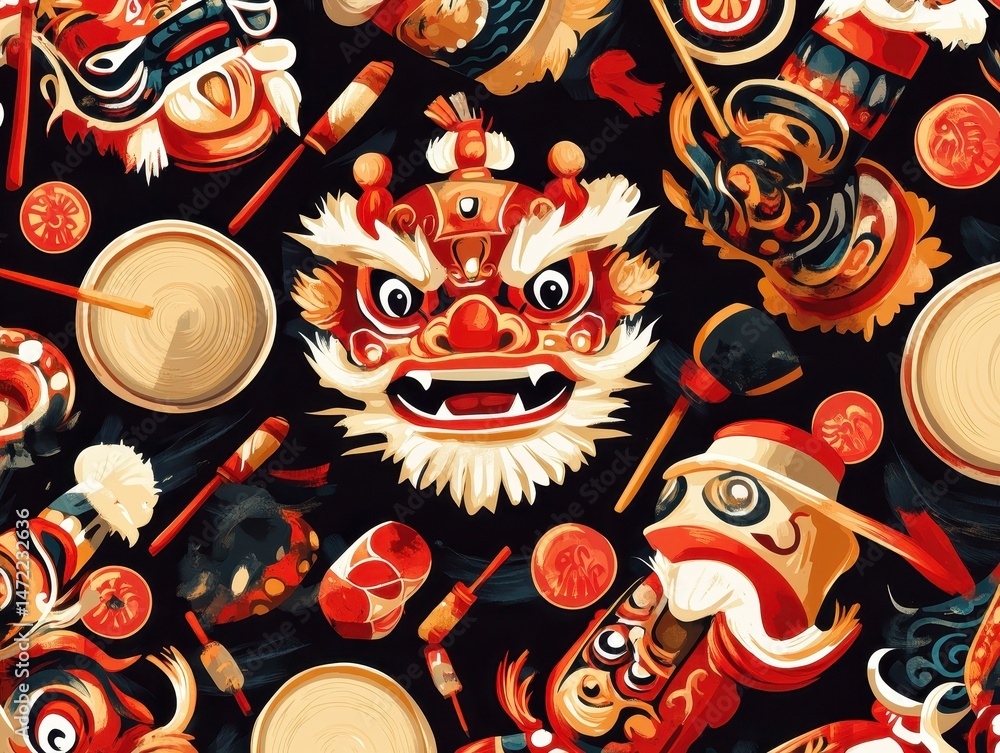 Obraz premium Vibrant Red and Gold Lion Dance Masks Seamless Pattern