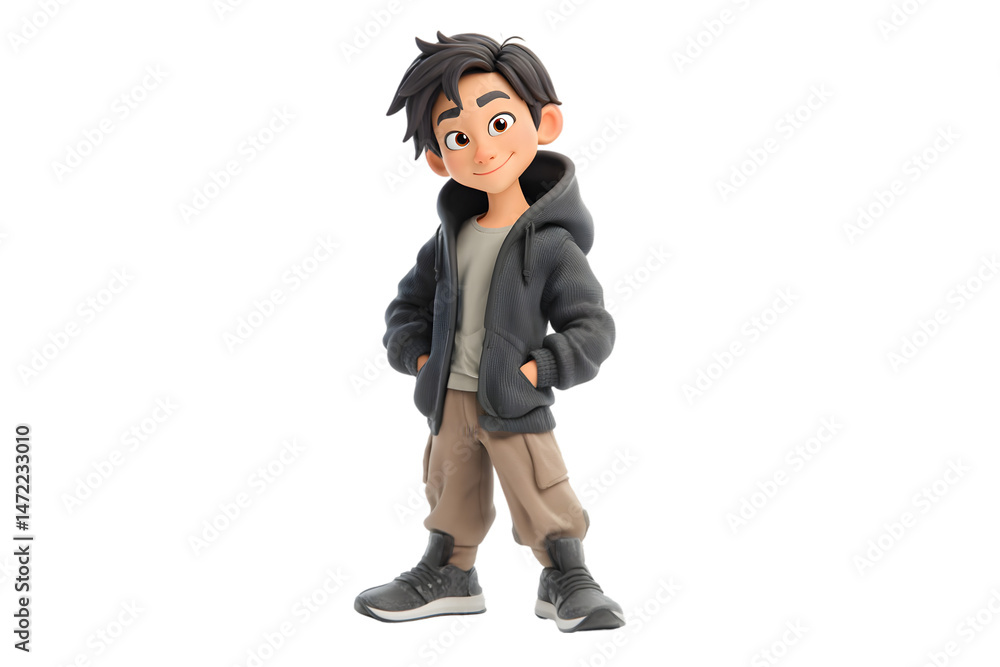 Adorable cartoon boy character wearing stylish hoodie and pants relaxed pose 3d render on transparent background kid fun Adorable cartoon boy character wearing stylish hoodie and pants relaxed pose 3d render on transparent background kid fun