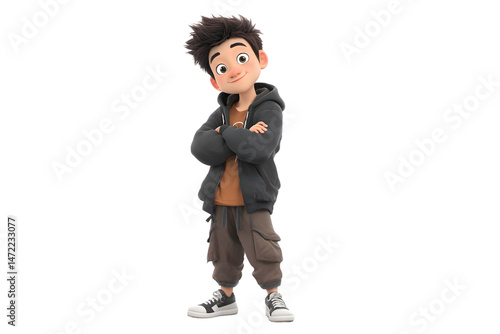 Confident cartoon boy character design standing with arms crossed wearing casual clothes on transparent background 3d kid