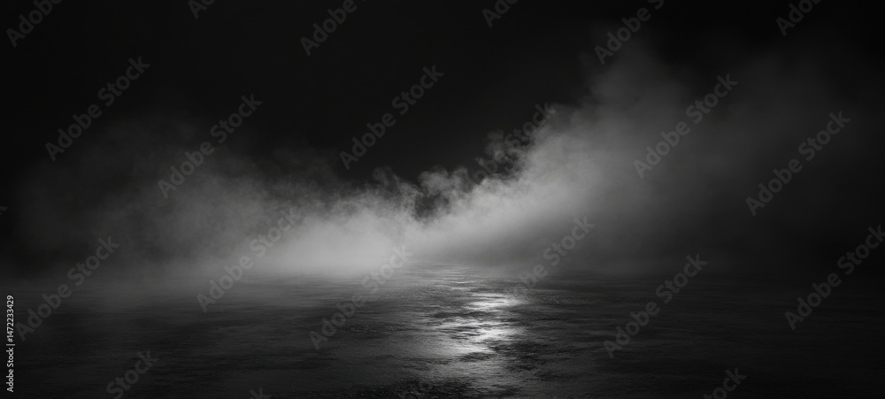 Fototapeta premium Mysterious grayscale landscape featuring a dark, moody atmosphere with thick fog rolling across a reflective, wet surface, creating a dramatic, atmospheric scene. : Generative AI