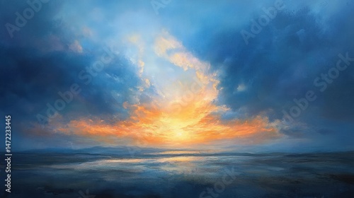 Vibrant Sunset Landscape with Blue and Orange Clouds over Calm Ocean