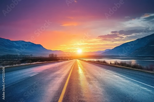 Vibrant Sunset over a Highway Winding Through Mountains