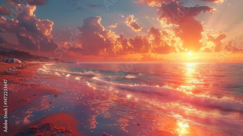 Vibrant Sunset Over a Calm Ocean Beach