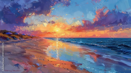 Vibrant Sunset over a Calm Ocean Beach