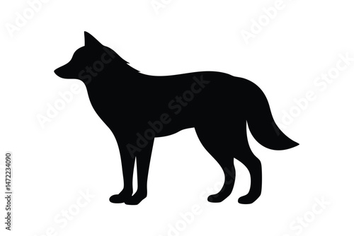 Black silhouette vector of a wolf standing on white background, minimalist vector illustration
