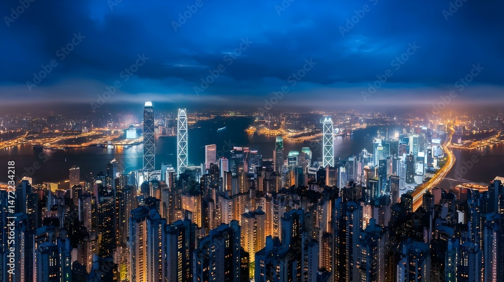 Obraz premium Night View of Hong Kong Skyline with Illuminated Skyscrapers and City Lights, Panoramic Urban Landscape