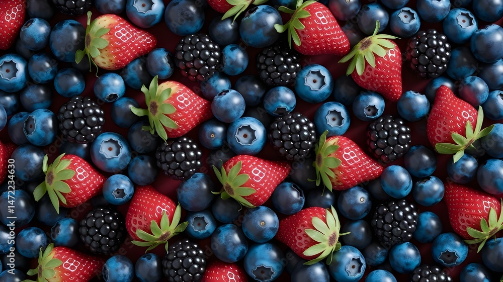Fototapeta premium Assorted Fresh Berries, Strawberries, Blueberries, and Blackberries Background, Healthy Eating, Summer Fruits, and Delicious Berry Mix