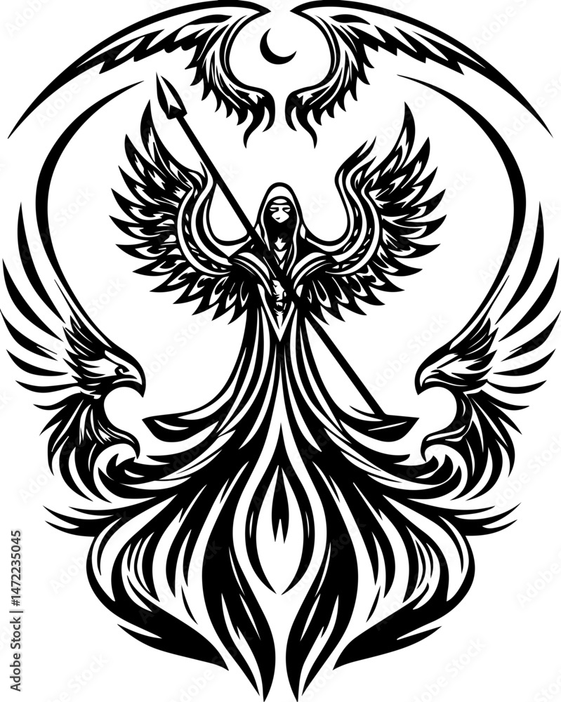 SVG vector of coral reef restoration showing marine life. Dark Angel with Wings, Spear, and Crescent Moon Design for Art SVG vector of coral reef restoration showing marine life. Dark Angel with Wings, Spear, and Crescent Moon Design for Art
