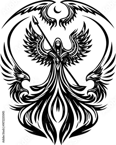 SVG vector of coral reef restoration showing marine life. Dark Angel with Wings, Spear, and Crescent Moon Design for Art