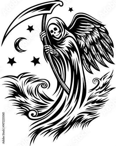 SVG vector of coral reef restoration showing marine life. Grim Reaper Holding Scythe Under Moon and Stars in Ethereal Scene