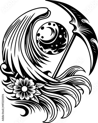 SVG vector of coral reef restoration showing marine life. Dark Reaper Holding Blade Under Moon Illustration with Flower Motif