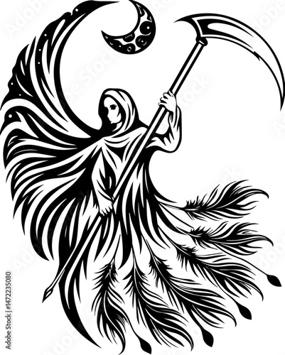 SVG vector of coral reef restoration showing marine life. Reaper Holding a Blade Under a Crescent Moon in Artistic Style