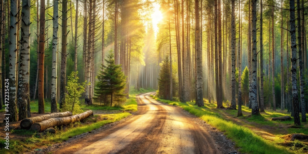 Obraz premium Sunlit Path Through a Lush Forest of Tall Trees and Vibrant Green Undergrowth