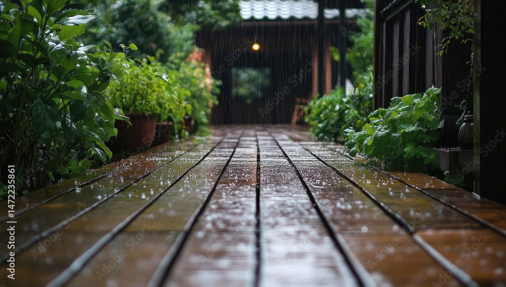Obraz premium Rainy wooden path in a garden