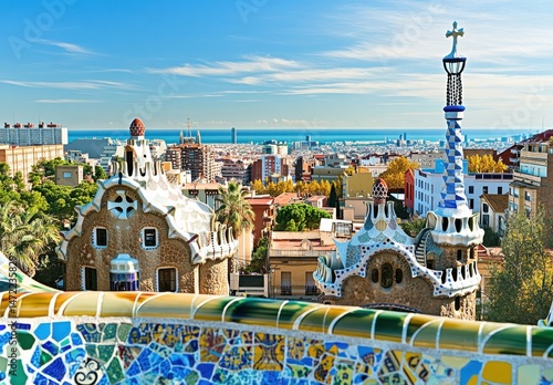 Park Güell's whimsical mosaic structures overlook Barcelona's cityscape and the Mediterranean Sea on a sunny day, offering a stunning panoramic view. : Generative AI