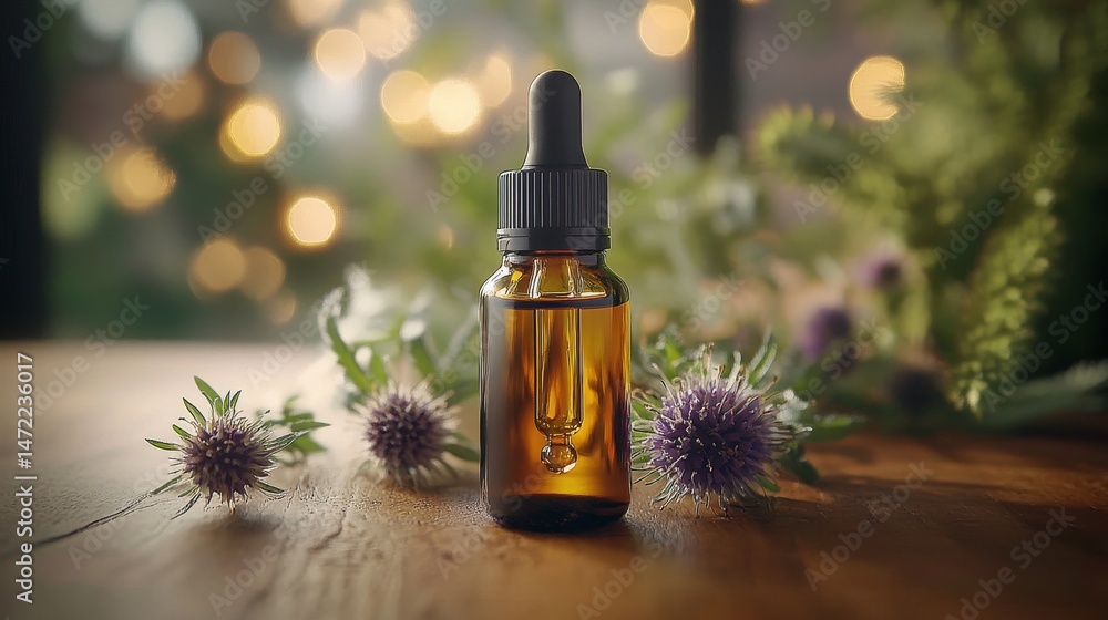 Fototapeta premium A minimalistic stock photo of a milk thistle oil dropper bottle surrounded by thistle flowers on a wooden surface
