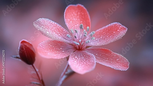 Pink anemone flower close-up, with frost on petals, against a pink background. Use as a symbol of delicate beauty or to enhance designs for springtime.