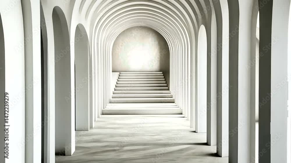 A symmetrical, monochromatic hallway with repeating arches leads to a flight of stairs and a distant, textured wall A symmetrical, monochromatic hallway with repeating arches leads to a flight of stairs and a distant, textured wall