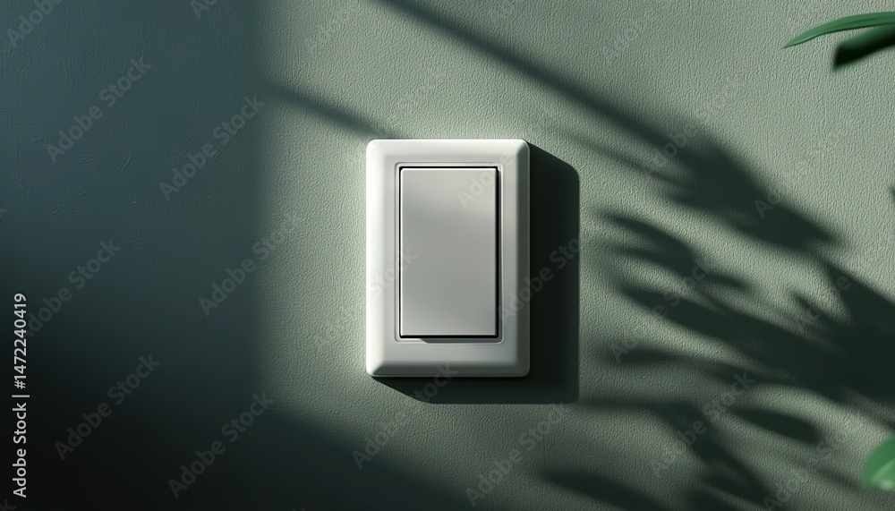 White light switch on dark-green wall with sunlight shadows. White light switch on dark-green wall with sunlight shadows.