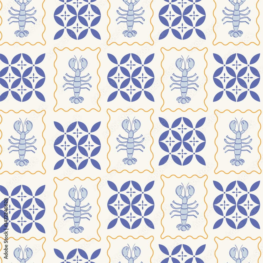 Mediterranean seamless pattern. Hand drawn lobster and Italian tiles design for backgrounds, presentations, wrapping papers, prints, artworks. Mediterranean seamless pattern. Hand drawn lobster and Italian tiles design for backgrounds, presentations, wrapping papers, prints, artworks.