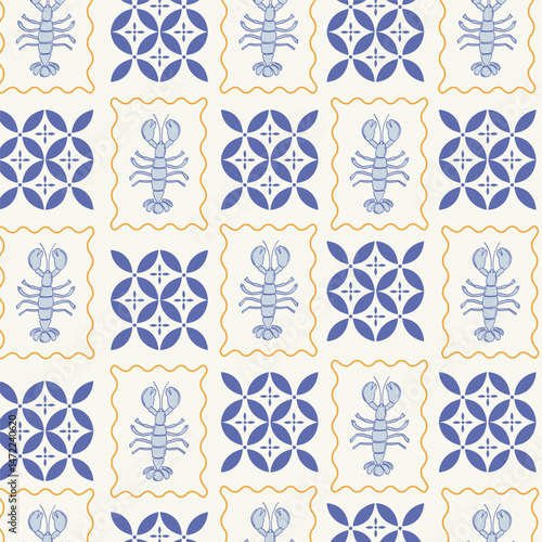 Mediterranean seamless pattern. Hand drawn lobster and Italian tiles design for backgrounds, presentations, wrapping papers, prints, artworks.