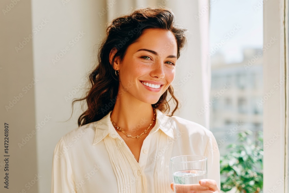 Smiling Woman Drinking Water by the Window Smiling Woman Drinking Water by the Window