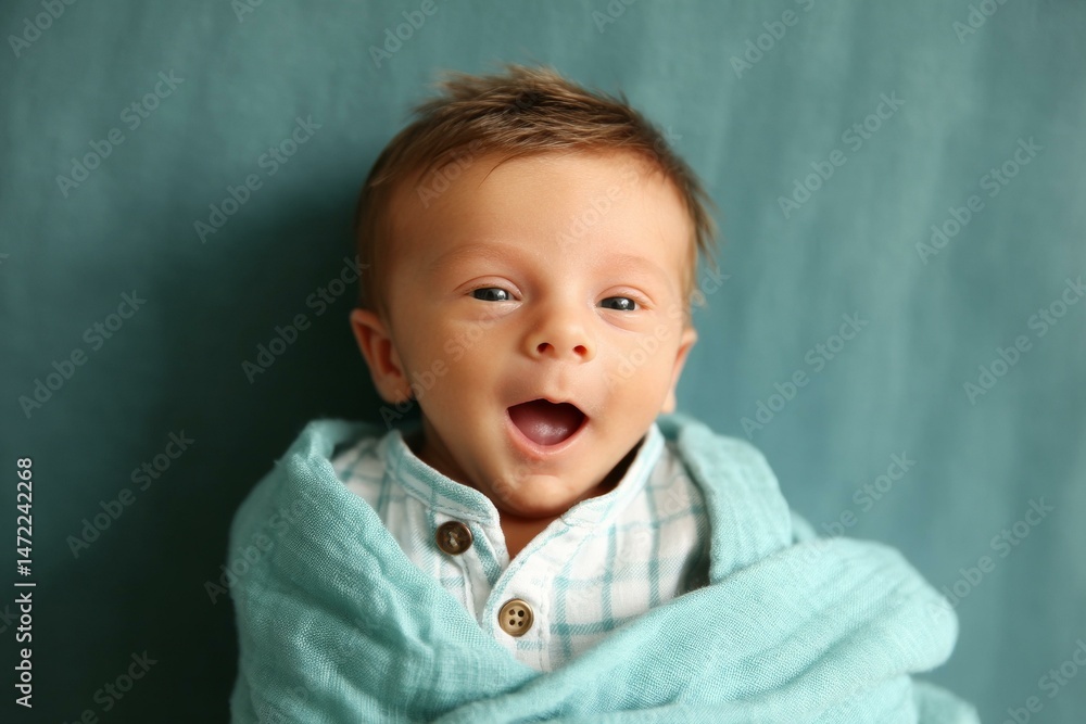 Adorable Newborn Baby Wrapped in Teal Blanket Adorable Newborn Baby Wrapped in Teal Blanket