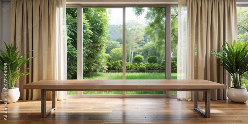 Fototapeta premium Wooden Tabletop Display Near Window with Lush Green View